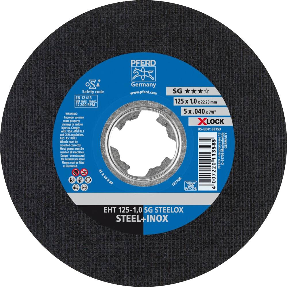 Schleifscheibe von PFERD Germany, 125x1,0mm, für Stahl und Inox, mit X-LOCK-System. Modell EHT 125-1,0 SG STEELOX.