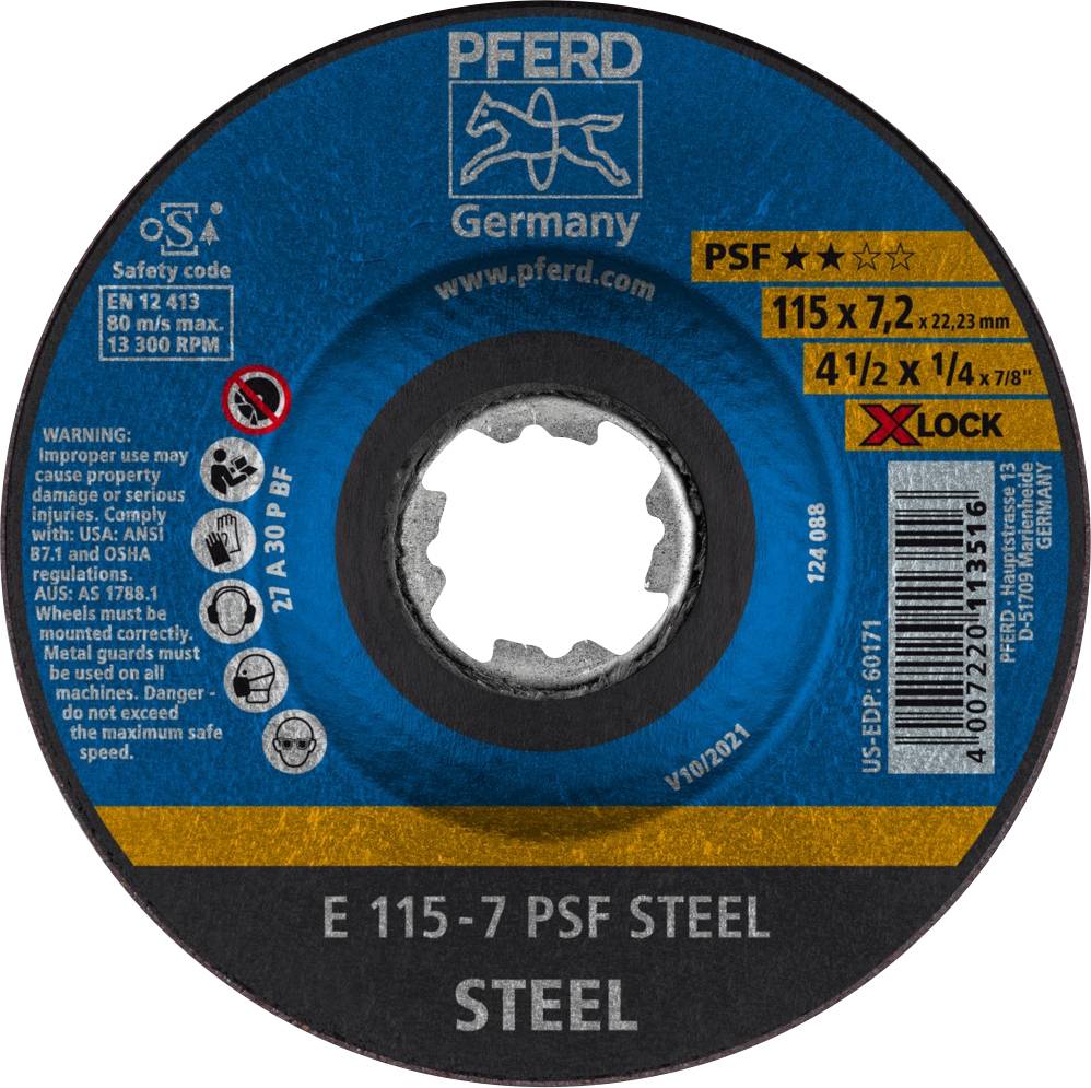 Eine Schleifscheibe der Marke 'PFERD' mit den Maßen 115 x 7,2 x 22,23 mm für Stahl. Maximal 13.300 U/min. Warnhinweise für sicheren Gebrauch.
