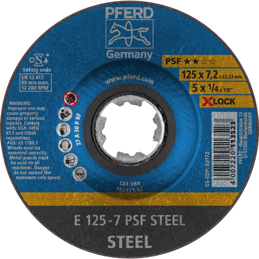 Schleifscheibe der Marke Pferd, Modell E 125-7 PSF Stahl, geeignet für Stahl, mit Sicherheits- und Nutzungshinweisen auf Englisch.