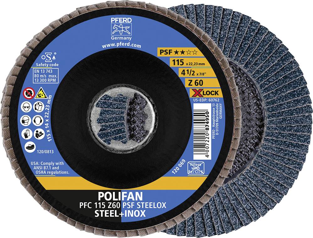 Zwei blaue Schleifscheiben mit der Aufschrift 'POLIFAN', geeignet für Stahl und Inox, mit X-LOCK-System zur Befestigung.