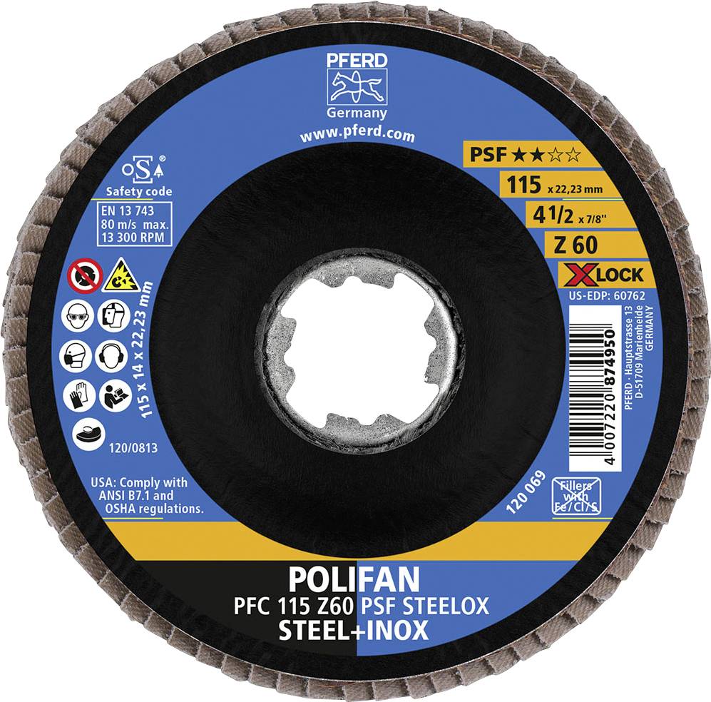 'Polifan PSF' Schleifscheibe der Marke PFERD mit X-Lock Aufnahme. Durchmesser: 115 mm, Dicke: 7 mm, geeignet für Stahl und Inox.