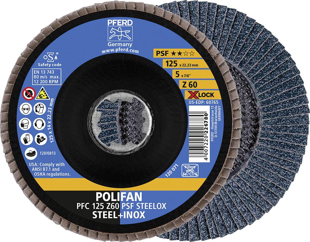 Schleifscheibe der Marke PFERD, Typ POLIFAN PSF, für Stahl und Edelstahl, Durchmesser 125 mm, Bohrung 22,23 mm, Korn 60, geeignet für X-Lock.