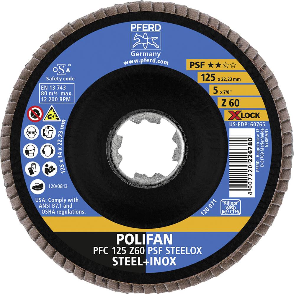Rundschleifscheibe mit Etikett: 'POLIFAN PFC 125 Z60 PSF STEELOX STEEL+INOX' für Metallschleifen. Durchmesser 125 mm, PSF Z60.