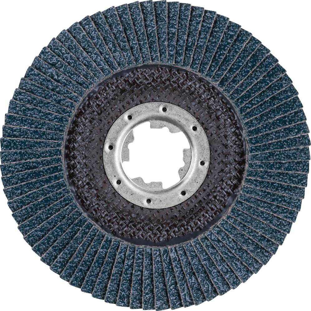 Eine runde Schleifscheibe mit blauen Lamellen, die in einem Kreis um eine zentrale Metallöffnung angeordnet sind. Sie wird oft zum Schleifen von Metalloberflächen verwendet.