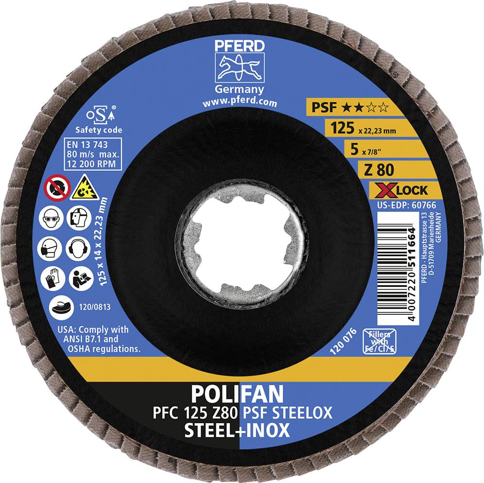 Schleifscheibe mit der Aufschrift 'POLIFAN PFC 125 Z80 PSF STEELOX STEEL+INOX'. Durchmesser 125 mm, Dicke 22,23 mm.