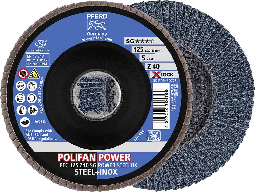 Schleifscheibe POLIFAN Power PFC 125 Z40 für Stahl und Inox, Durchmesser 125 mm, mit X-Lock Aufnahme, Unterstützt ANSI B7.1 und OSHA.