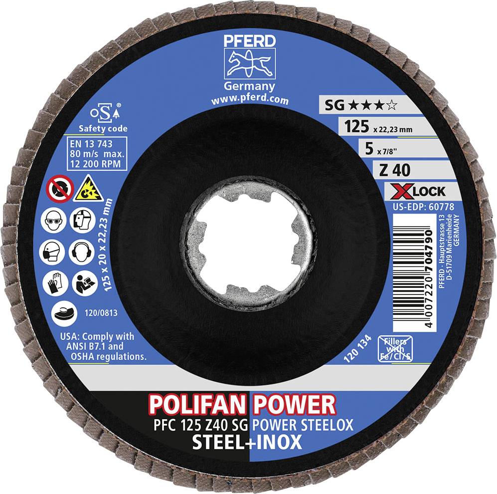 Ein Schleifteller von PFERD Germany, Modell 'Polifan Power', geeignet für Stahl und Inox, mit 125 mm Durchmesser und X-Lock-System.