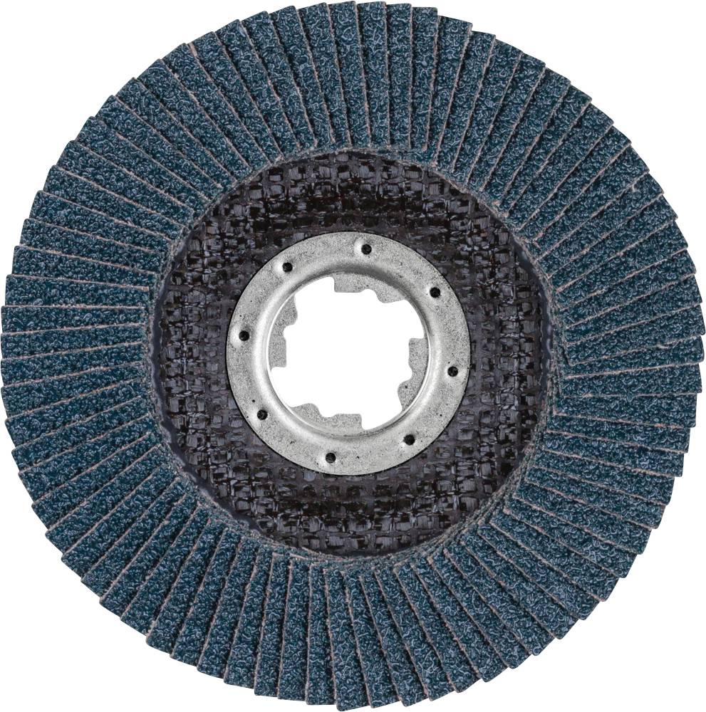 Schleifmoppscheibe mit radial angeordneten Schleifblättern und zentraler Halterung, geeignet für Metall- und Holzpolieren.