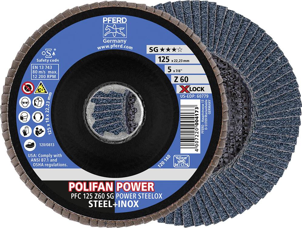 Schleifscheibe mit der Aufschrift 'POLIFAN POWER'. Geeignet für Stahl und Inox, Durchmesser 125 mm, max. 12.200 U/min.