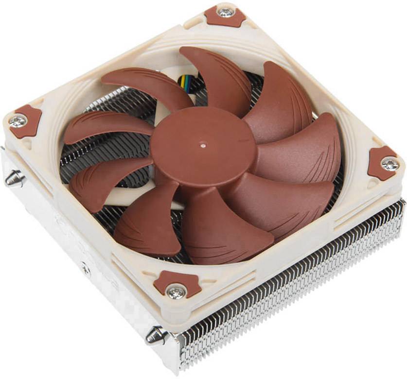 Ein quadratischer CPU-Kühler mit einem braunen Lüfter und einem silbernen Kühlkörper.