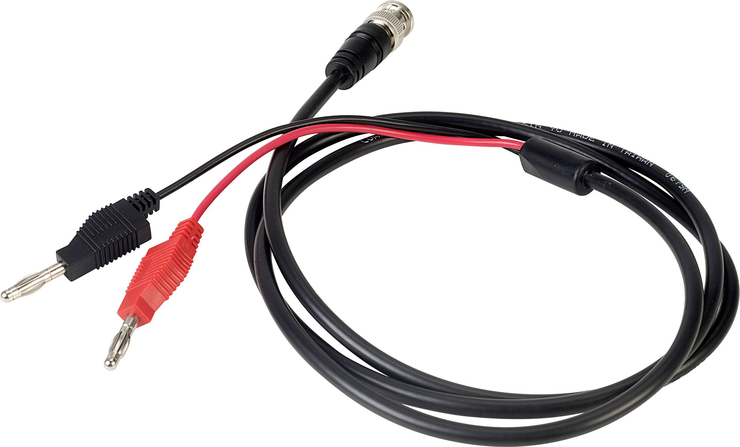 Ein schwarzes Kabel mit einem BNC-Stecker an einem Ende und zwei Bananensteckern (rot und schwarz) am anderen Ende.