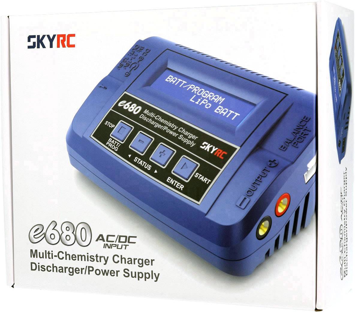 Ladegerät in blauem Gehäuse mit Display und Tasten. Gebrandet mit 'SkyRC e680'. Verpackung hebt Multi-Chemie-Funktionalität hervor.