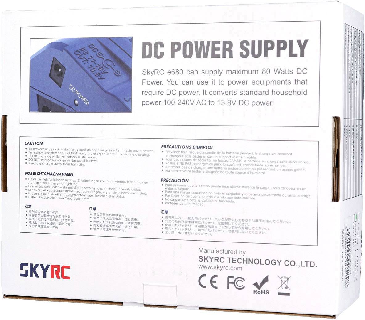 Schachtel einer 'DC Power Supply' von SkyRC. Maximal 80 Watt Leistung; wandelt 100-240V AC in 13,8V DC um. Vorsichtsmaßnahmen und Spezifikationen aufgedruckt.