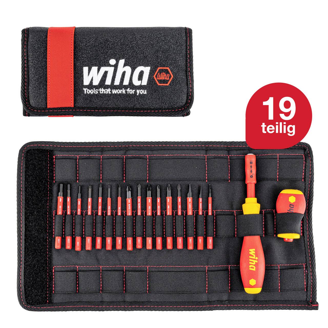 Schraubendreherset '19 teilig' von Wiha, bestehend aus verschiedenen Bits und Griffen in einer schwarzen Tasche mit rotem Akzent.