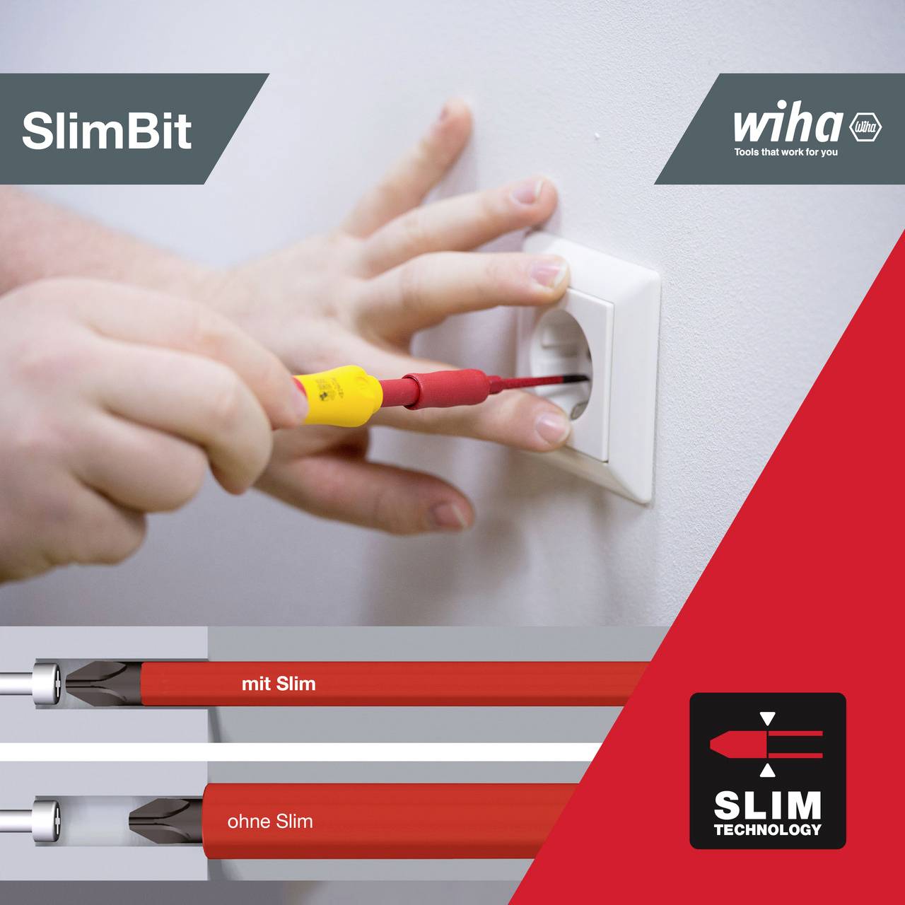 Eine Hand benutzt einen Schraubendreher mit isoliertem Schaft, um eine Steckdose zu sichern. Text: 'SlimBit' und 'SLIM TECHNOLOGY'.