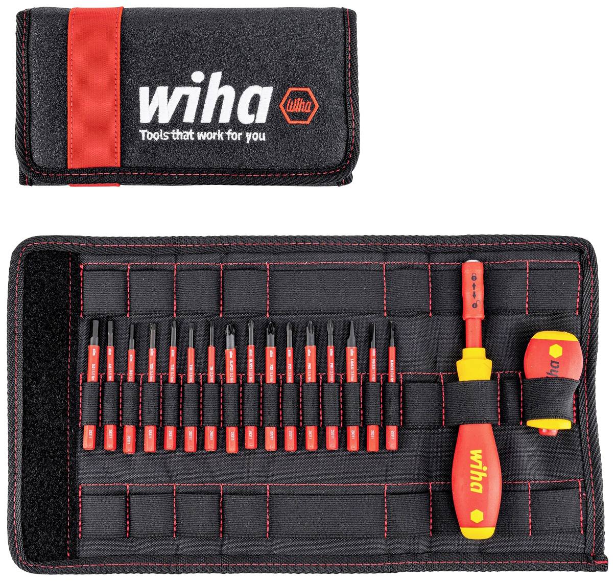 'Wiha' Werkzeugset in einer schwarzen und roten Tasche. Enthält zahlreiche Schraubendreheraufsätze, einen Griff und einen kleinen Schraubenschlüssel.