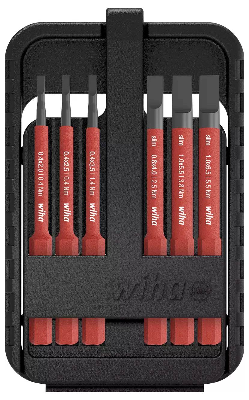 Ein Etui mit sechs Präzisions-Schraubenziehern mit roten Griffen und grauen Spitzen, entworfen für verschiedene Schraubentypen, von Wiha.