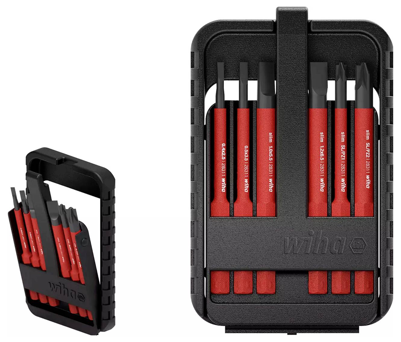 Ein Satz von neun Meißeln mit roten Griffen in einem schwarzen, offenen Aufbewahrungskoffer. Die Meißel sind organisiert und mit verschiedenen Größen gekennzeichnet.