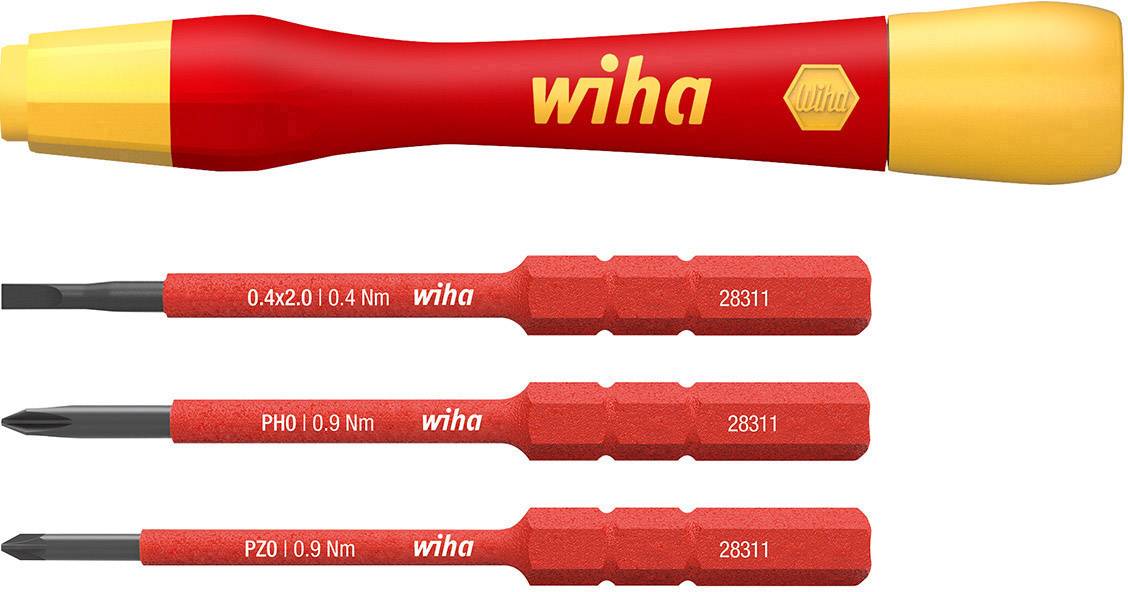 Roter Schraubendreher mit austauschbaren Bits. Die Bits sind gekennzeichnet: '0.4x2.0', 'PH0', 'PZ0', jeweils mit Nm-Angabe.