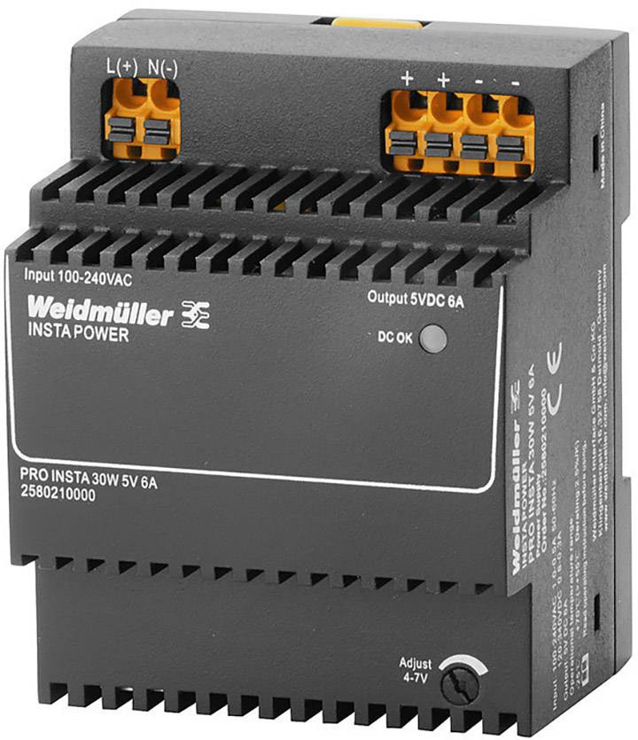 'Weidmüller INSTA POWER' Netzteil für Hutschiene, Input 100-240VAC, Output 5VDC 6A, schwarzes Gehäuse, orange Steckklemmen oben.