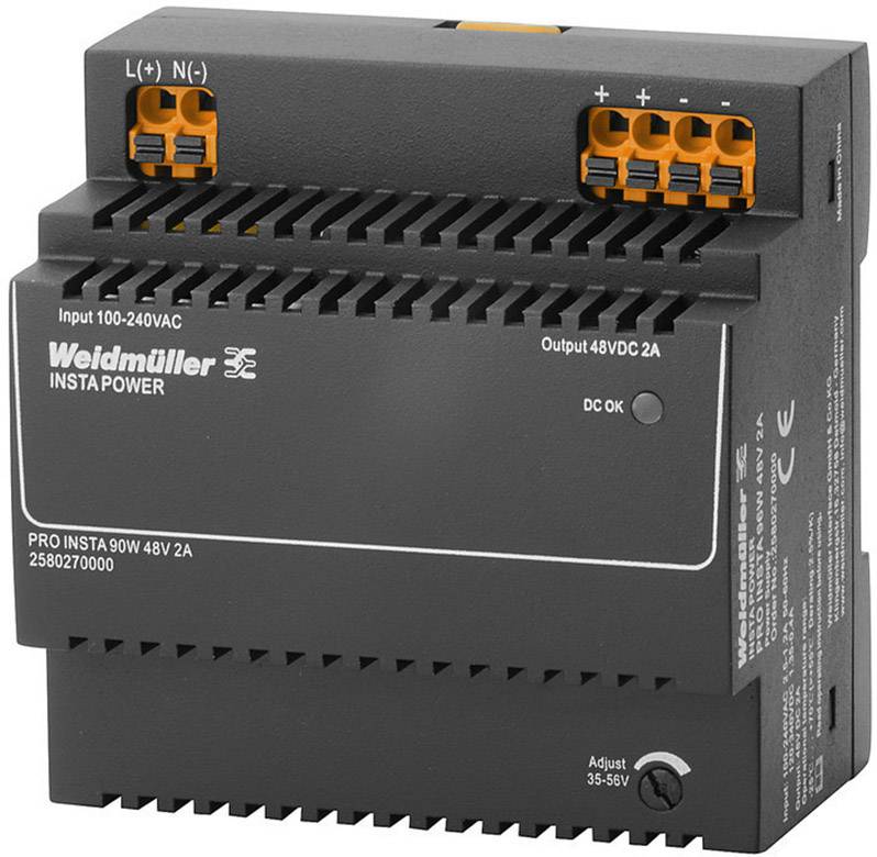 'Weidmüller PRO INSTA 90W 48V 2A' Netzteil, Eingangsbereich 100-240VAC, Ausgang 48VDC 2A, montierbar, mit Justierfunktion.