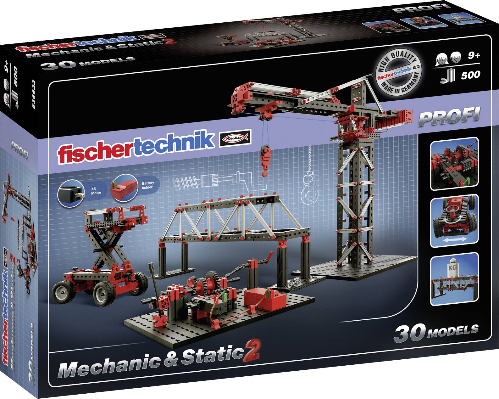 Spielzeug-Baukasten 'fischertechnik Mechanic & Static 2' mit Bau von 30 Modellen, inklusive Kran und Maschinen, ab 9 Jahren.