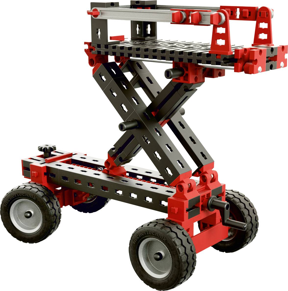 Ein Modell aus Konstruktionsspielzeug zeigt eine Hebebühne auf Rädern mit einer roten und schwarzen Farbgebung.