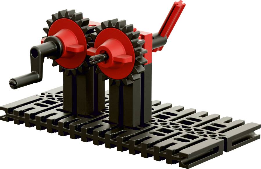 Ein Modell aus Zahnrädern und Hebeln auf einer rechteckigen Basis, das mechanische Bewegungen simuliert.