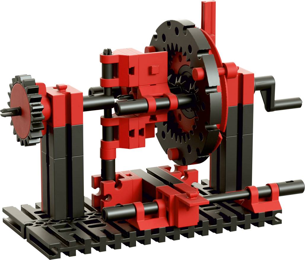 Ein kleines Maschinenmodell aus roten und schwarzen Bausteinen mit Zahnrädern und Achsen, das eine mechanische Vorrichtung darstellt.