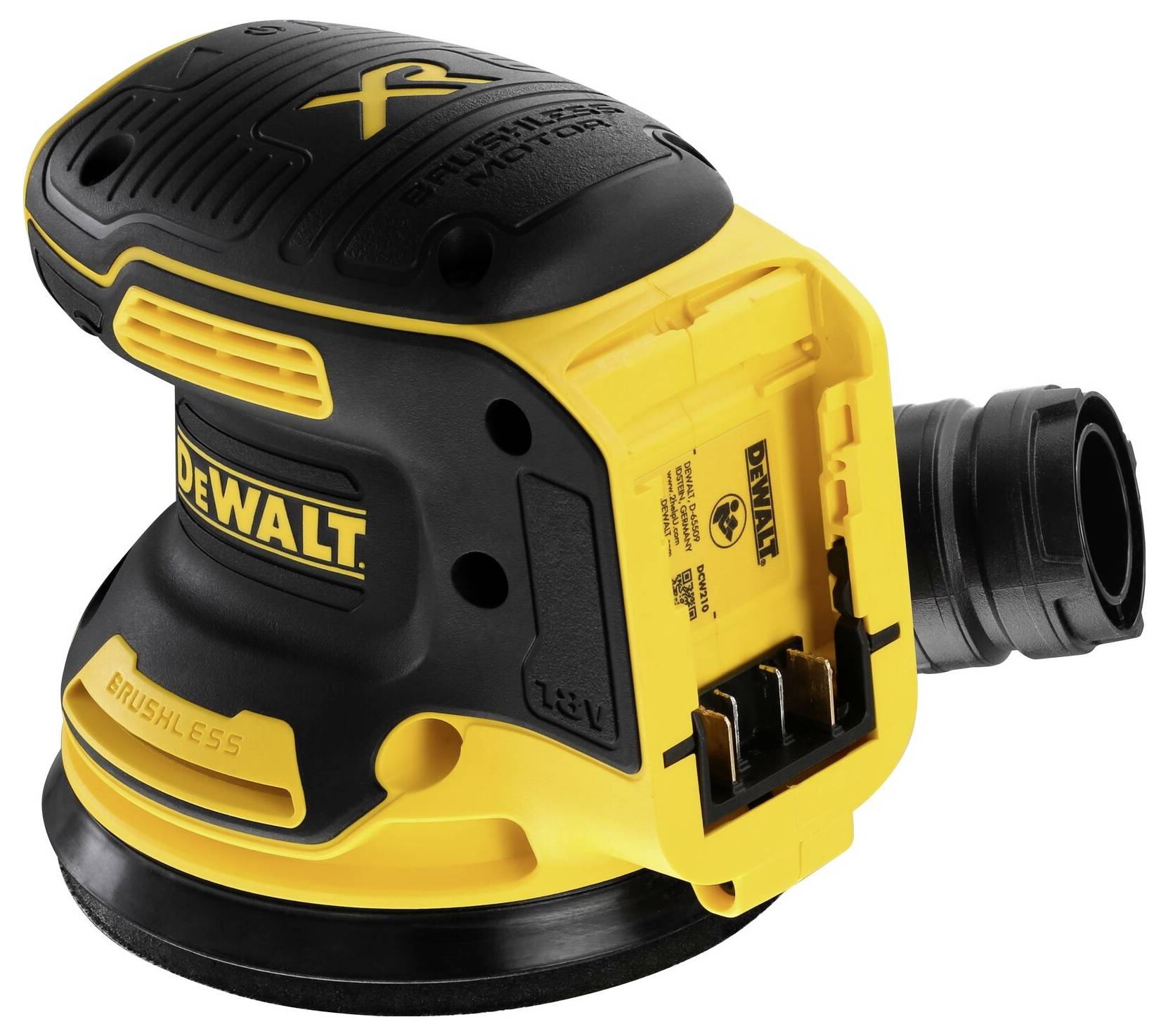 Ein gelb-schwarzer, kabelloser DeWalt Schwingschleifer mit bürstenlosem Motor und drei Geschwindigkeitsstufen, geeignet für Holzarbeiten.