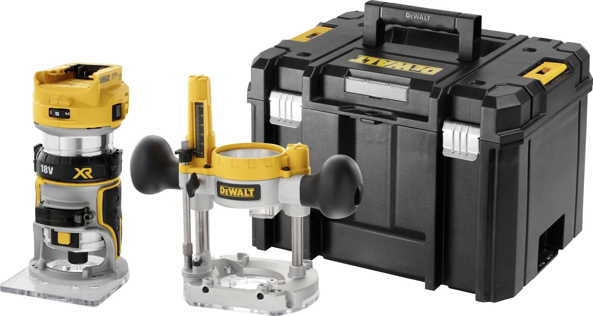 Akkufräse mit zwei Basen und Transportkoffer, Marke DeWalt. Geeignet für Holzbearbeitung, tragbar und kabellos für flexible Nutzung.