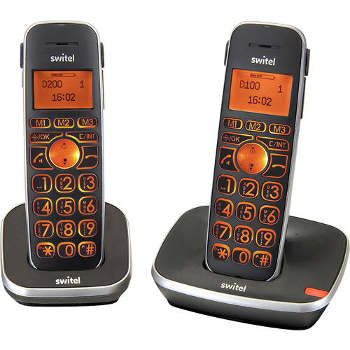 Téléphone sans fil pour séniors Switel D102 fonction mains libres, recomposition automatique du numéro écran éclairé noir