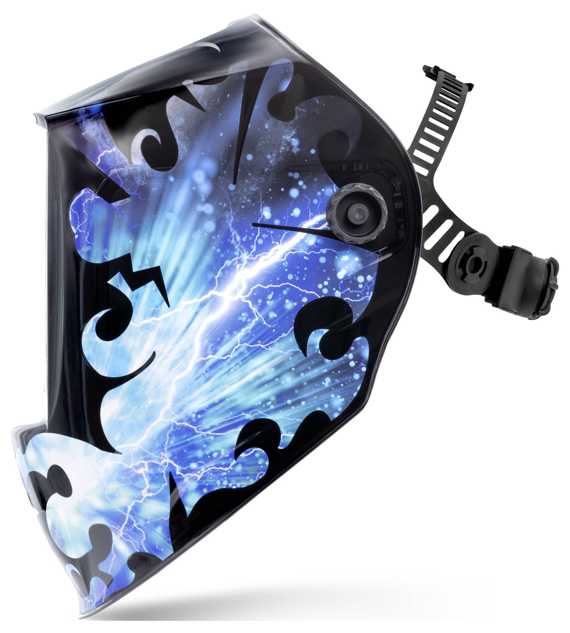 Ein schwarzer Schweißhelm mit einer blauen Blitzgrafik und verstellbarer seitlicher Kopfstütze auf weißem Hintergrund.