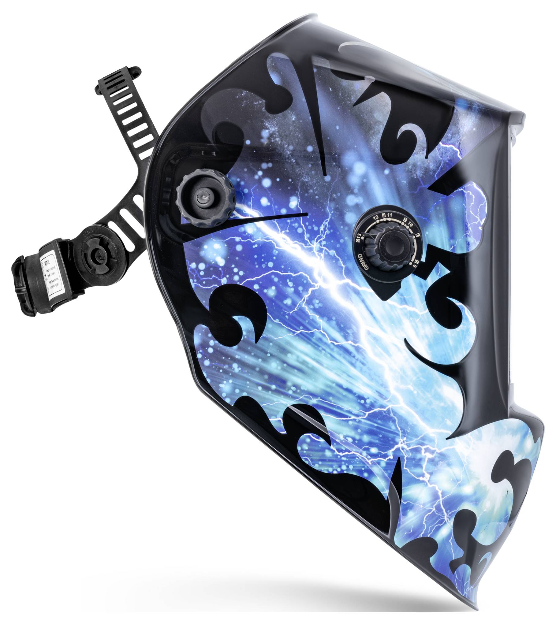 Schwarzer Schweißhelm mit blauem Blitzgrafik und verstellbarem Kopfband