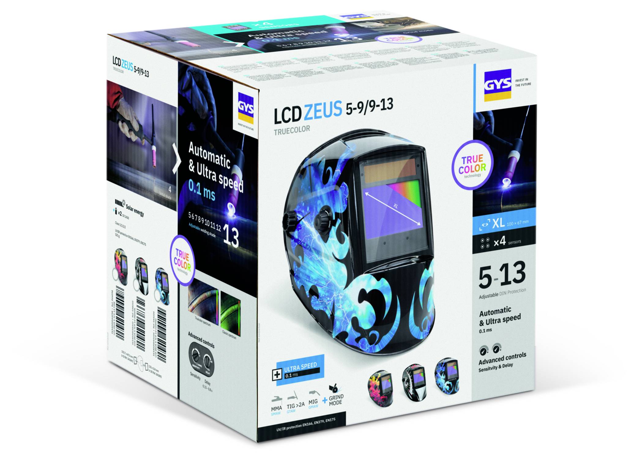 Verpackung für einen GYS LCDZEUS 5-9/9-13 Automatik-Schweißhelm, gezeigt mit blauen Flammengrafiken und Produktmerkmalsetiketten.