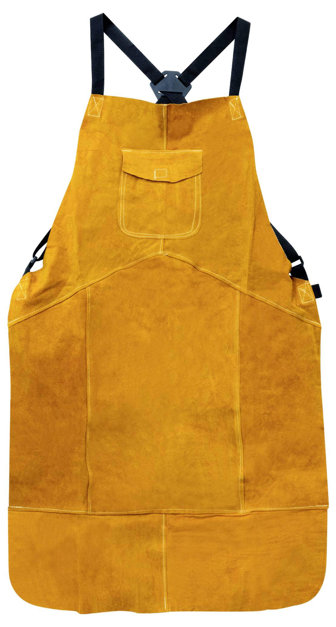 Oranges Ledergeschirr mit schwarzen Schultergurten und Vordertasche, gezeigt auf weißem Hintergrund.