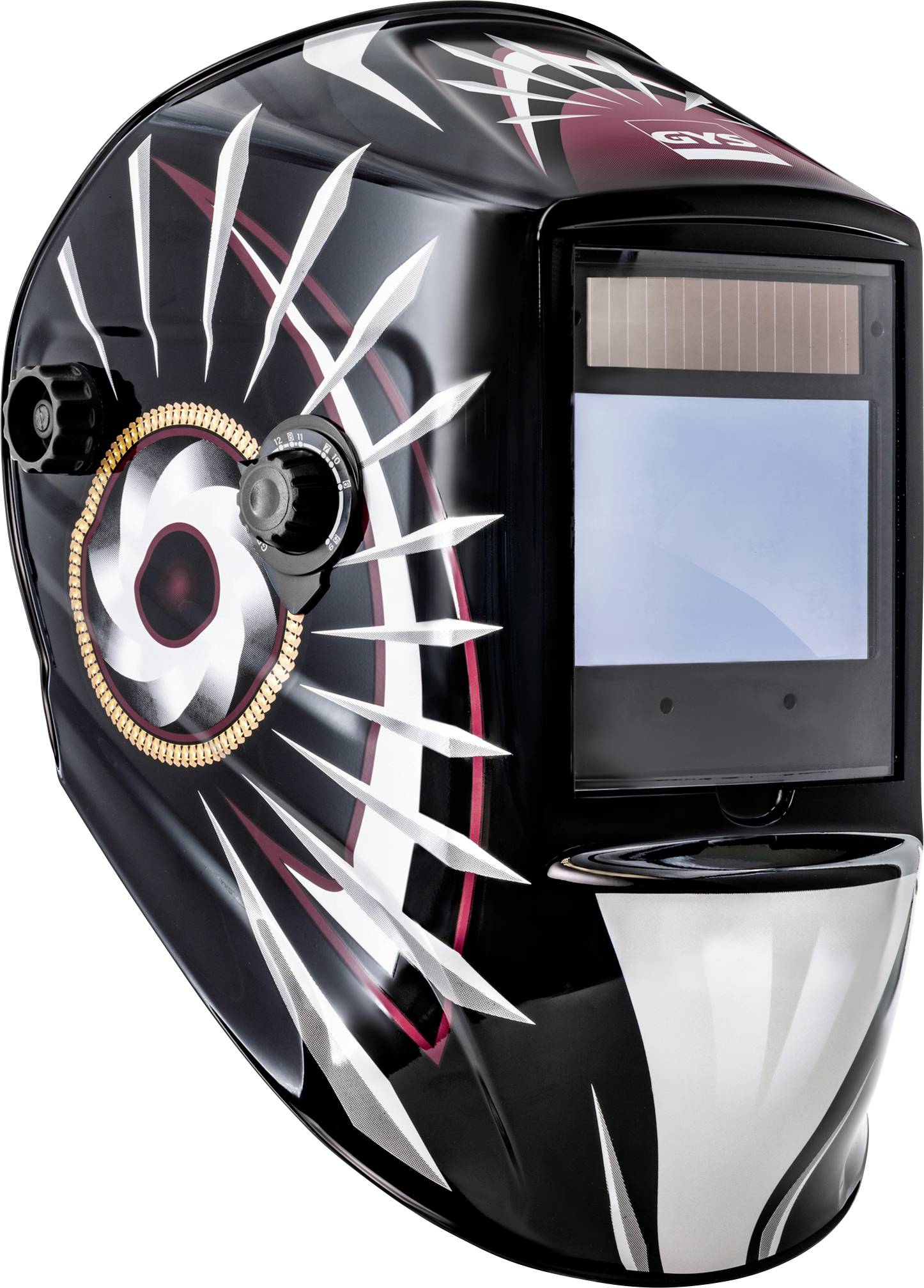 Schwarzer automatischer Schweißhelm mit solar-betriebene Sichtfenster und einstellbarem Seitenknopf, verziert mit weißen und roten grafischen Streifen.