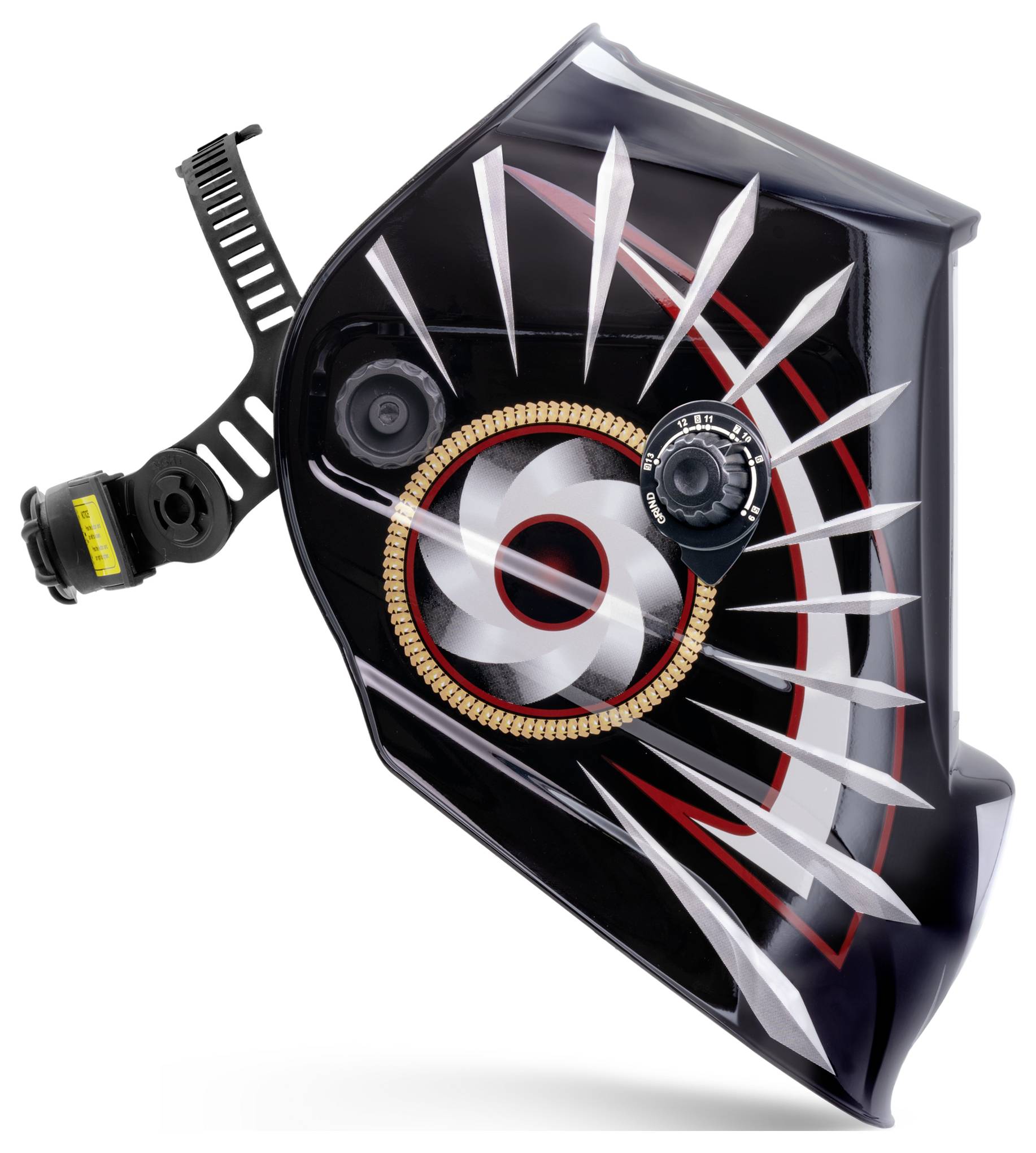 Schwarze futuristische Drohne oder robotische Vorrichtung mit großer kreisförmiger Mitte und weißen flügelartigen Blättern, vor weißem Hintergrund dargestellt.