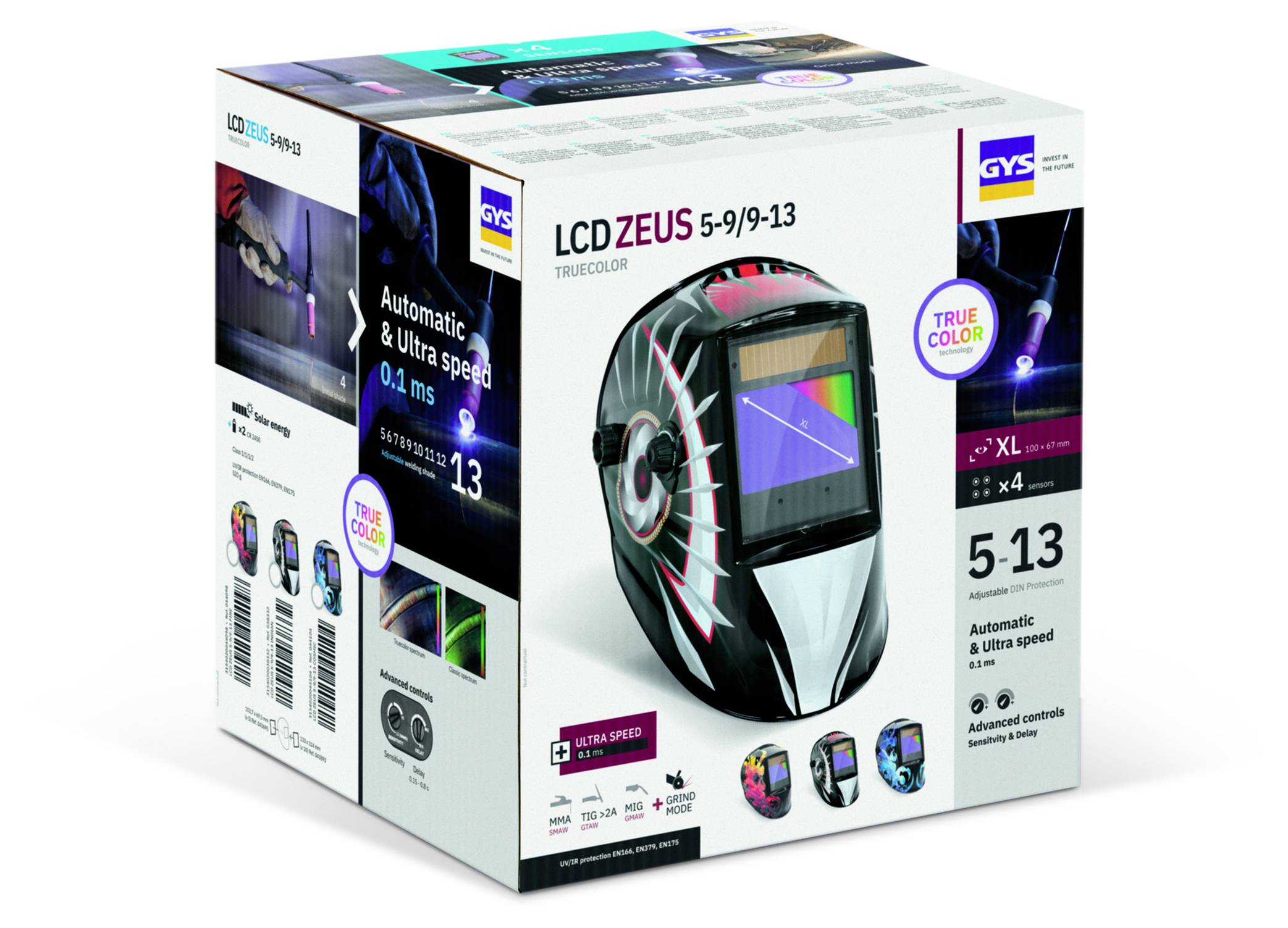 Verpackung für GYS LCD ZEUS automatisch verdunkelnden Schweißhelm, gekennzeichnet mit „LCD ZEUS 5-9/9-13