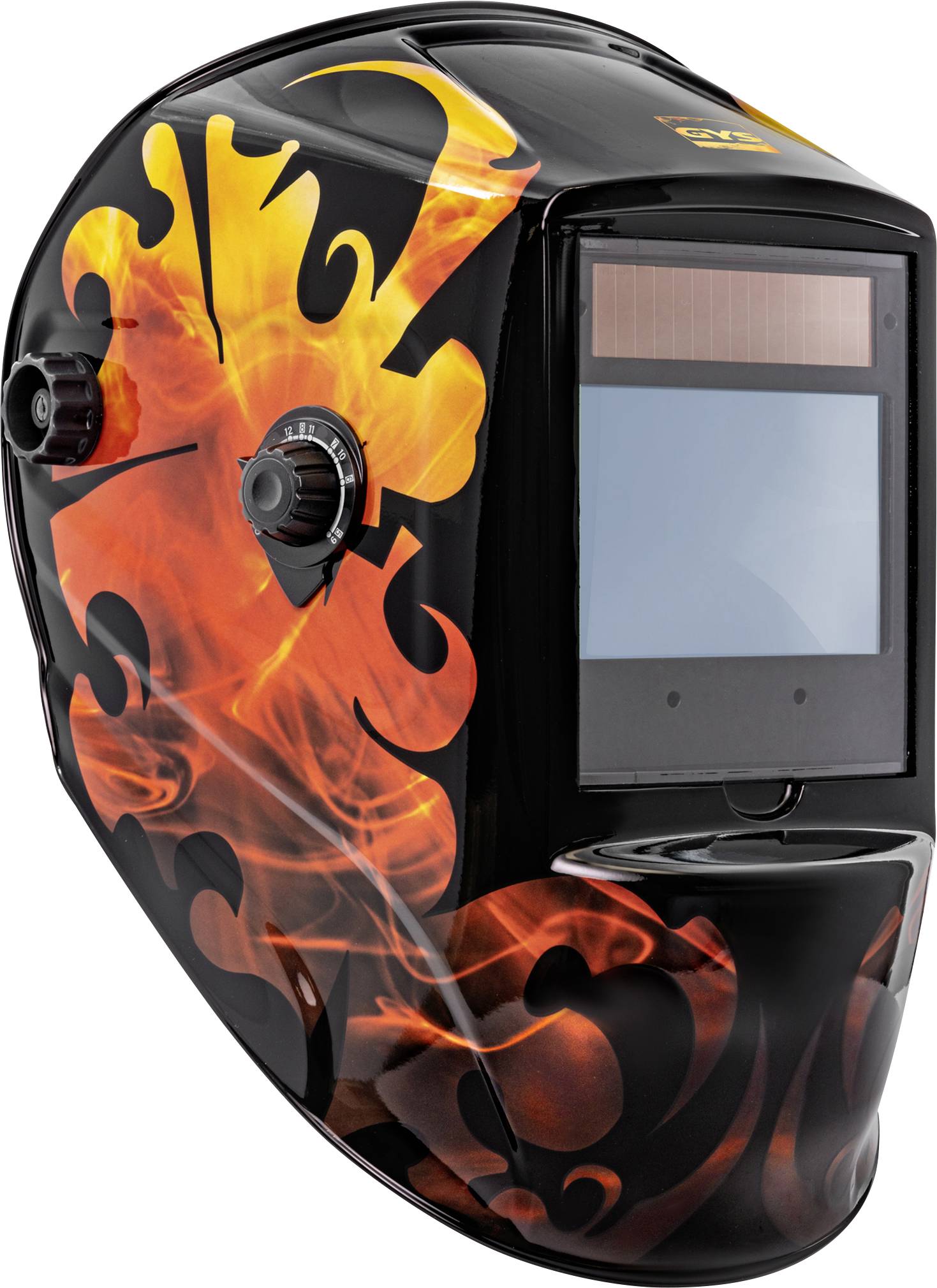 Schwarzer Schweißhelm mit orangefarbigen Flammengrafikemn und einem Sichtfenster an der Vorderseite, dargestellt auf weißem Hintergrund.