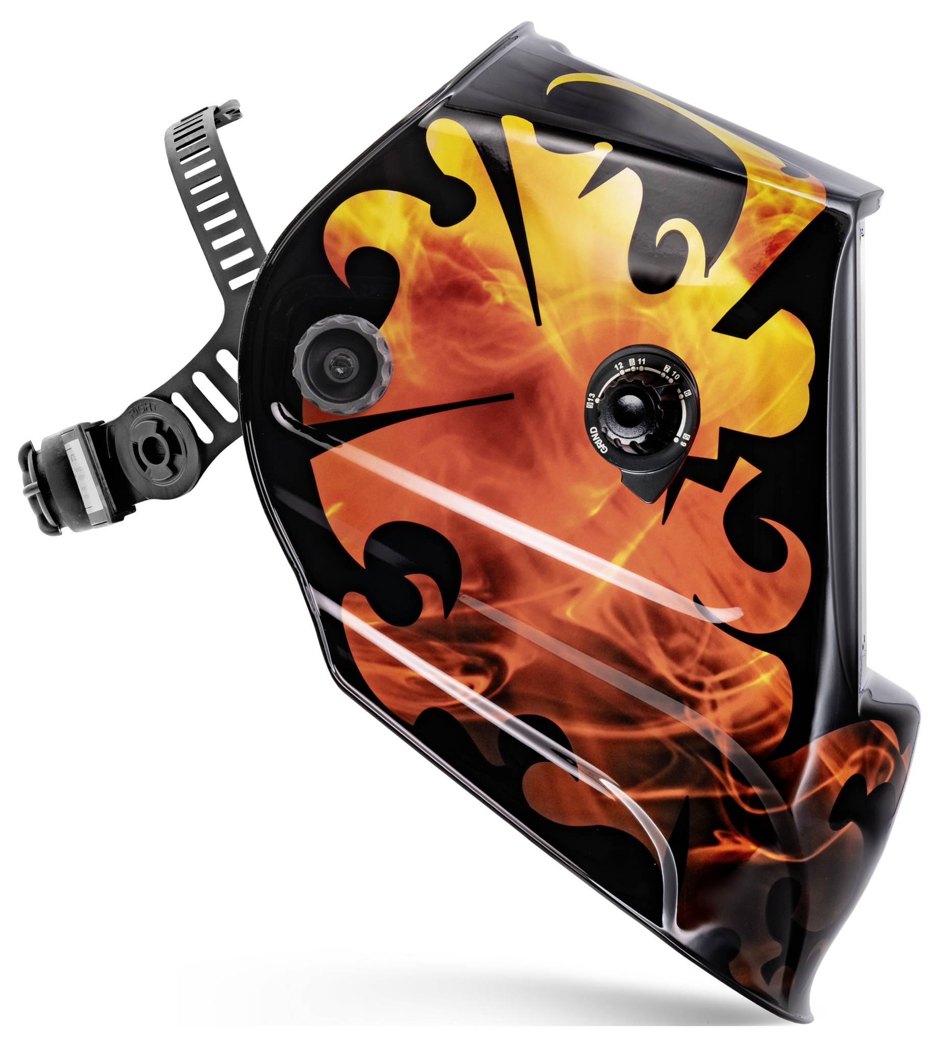 Schwarzer Schweißhelm mit feurig orangefarbigen Flammengrafiken und seitlich angebrachtem verstellbarem Kopfband auf weißem Hintergrund.