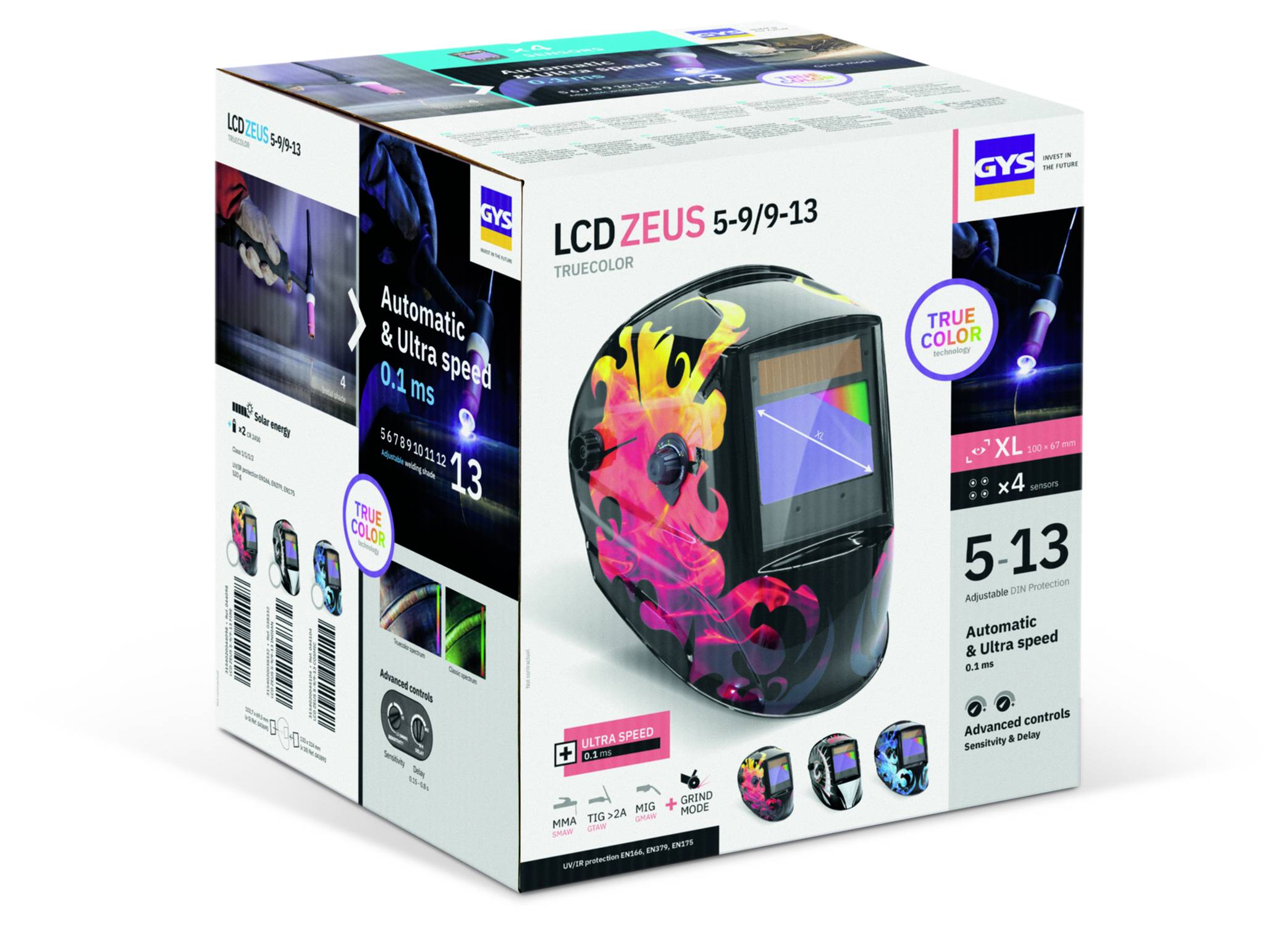 Produktbox für GYS LCD ZEUS 5-9/9-13 Schweißhelm mit automatischer Verdunklung, mit einem farbigen Helm und True Color- und Geschwindigkeitsfunktionen.