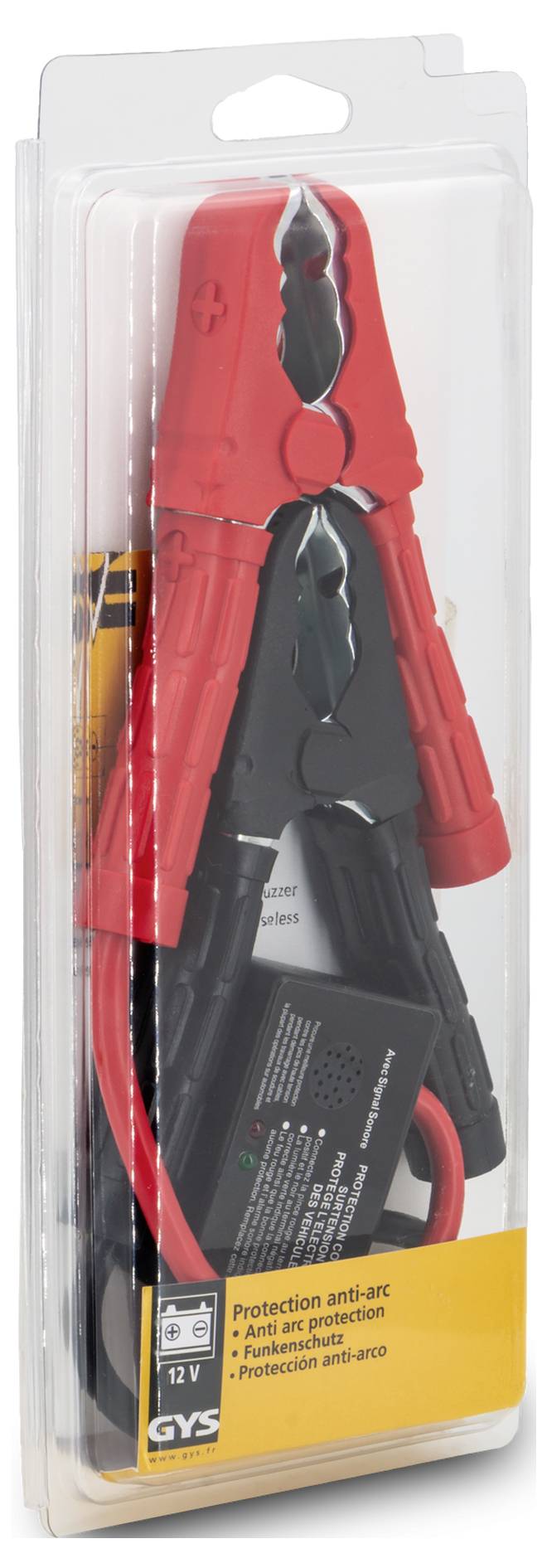Blister-verpacktes rot-schwarzes Starterkabel-/Klemmwerkzeug mit Kabeln, dargestellt auf einer Produktverpackung mit dem Label GYS und „Schutz vor Lichtbogen