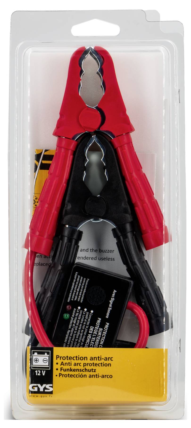 Verpackte rot und schwarz gefärbte Anti-Diebstahl-Autobatterie-Booster-Kabelklemmen mit 12-V-Warnschild in transparenter Kunststoff-Einzelhandelsverpackung.
