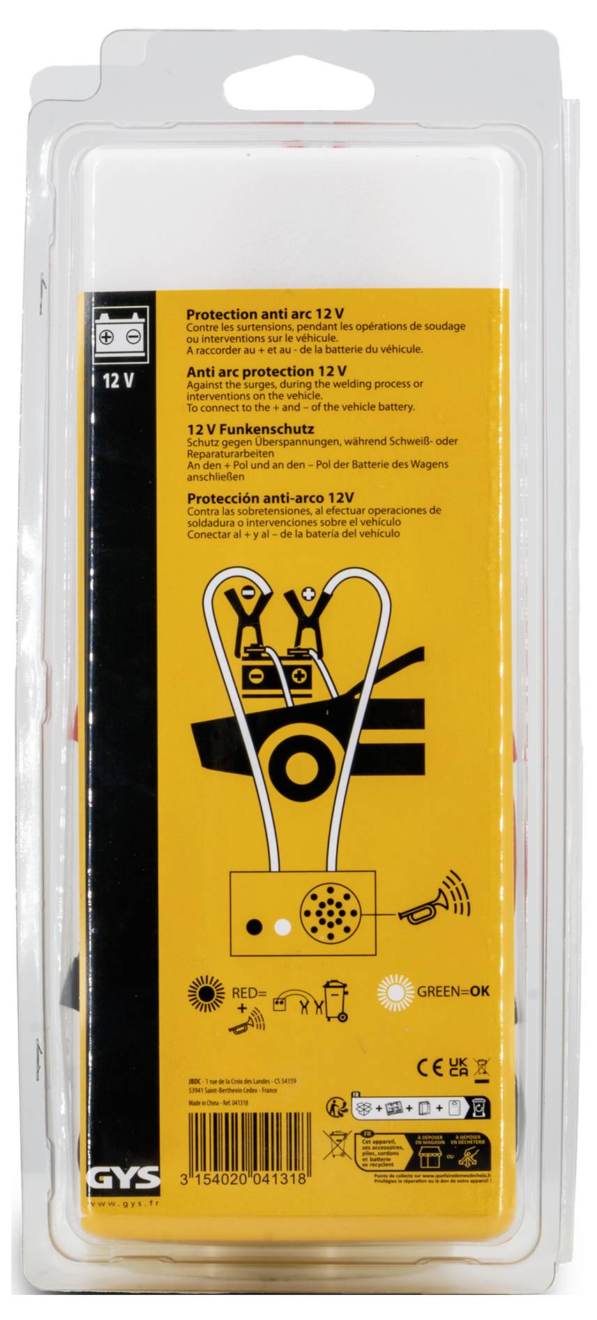Blisterpackung eines GYS 12V-Diebstahlschutzsystems, orange-schwarze Verpackung mit Kabelschloss-Diagramm und Produktetiketten.