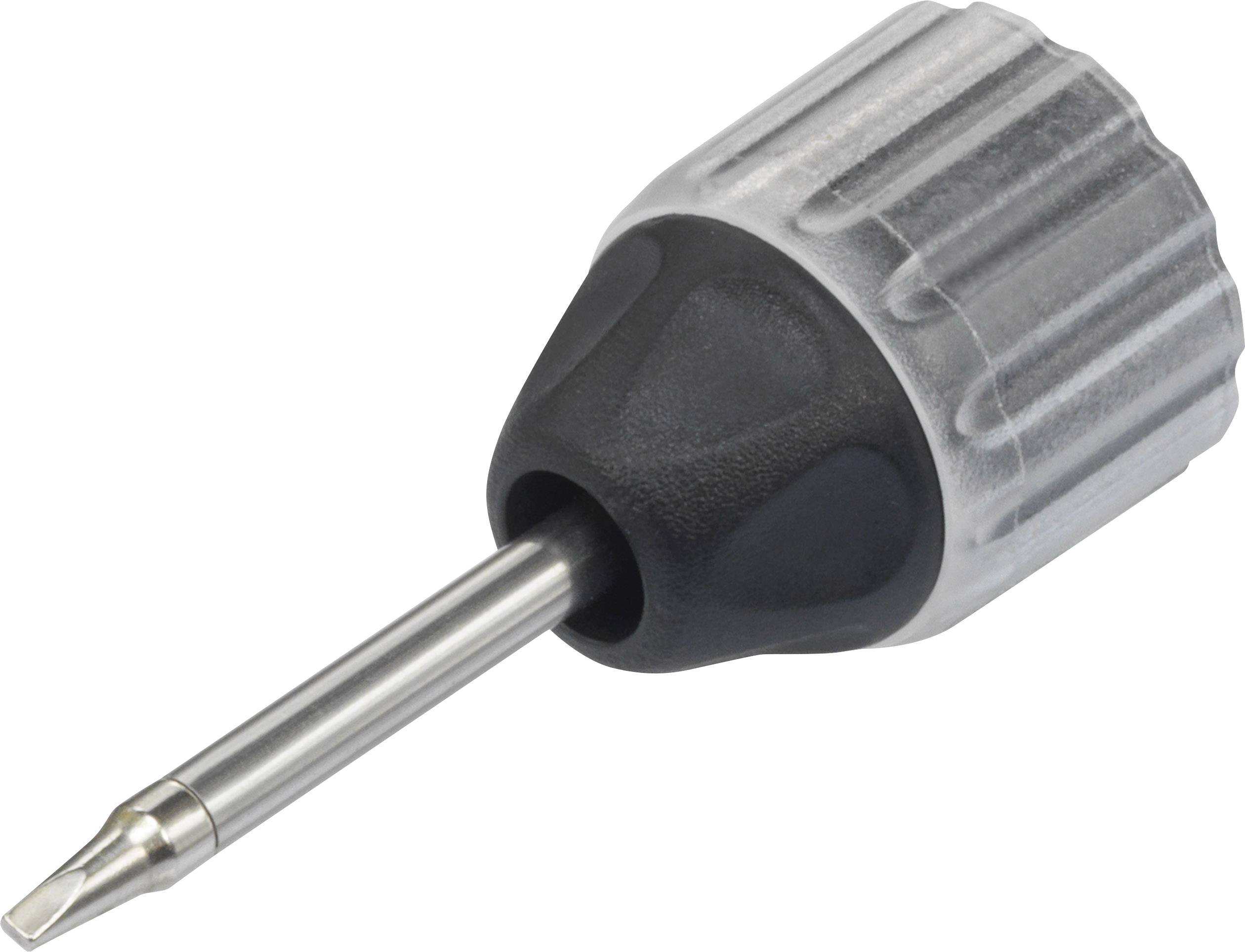 Ein silbernes und schwarzes Schraubendreher-Bit mit geriffeltem Griff, geeignet für Präzisionsarbeiten in der Elektronik oder Feinmechanik.