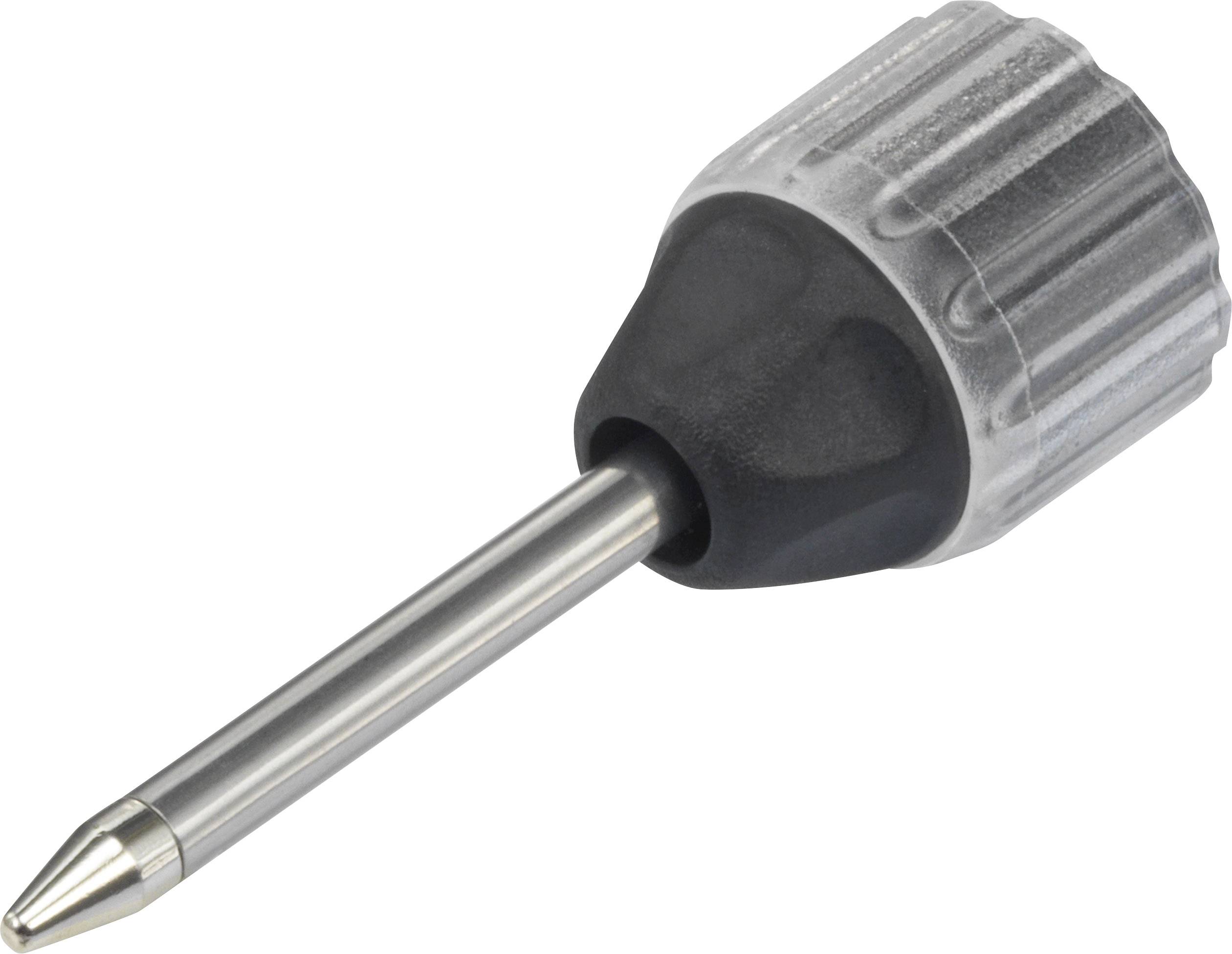 Werkzeugspitze mit geriffeltem Drehgriff und metallischer Nadel; dient zur präzisen Anwendung in technischen oder handwerklichen Arbeiten.