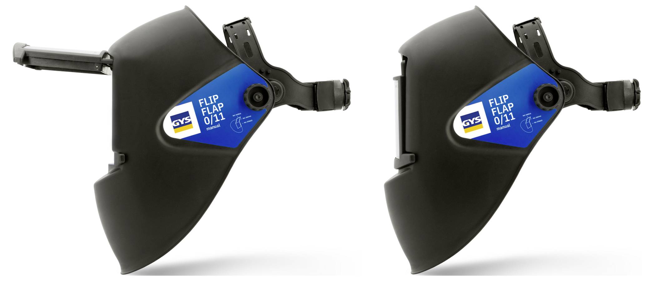 Nebeneinander angeordnete Produktbilder eines schwarzen Schweißhelmes mit einem blauen „FLIP FLAP 011