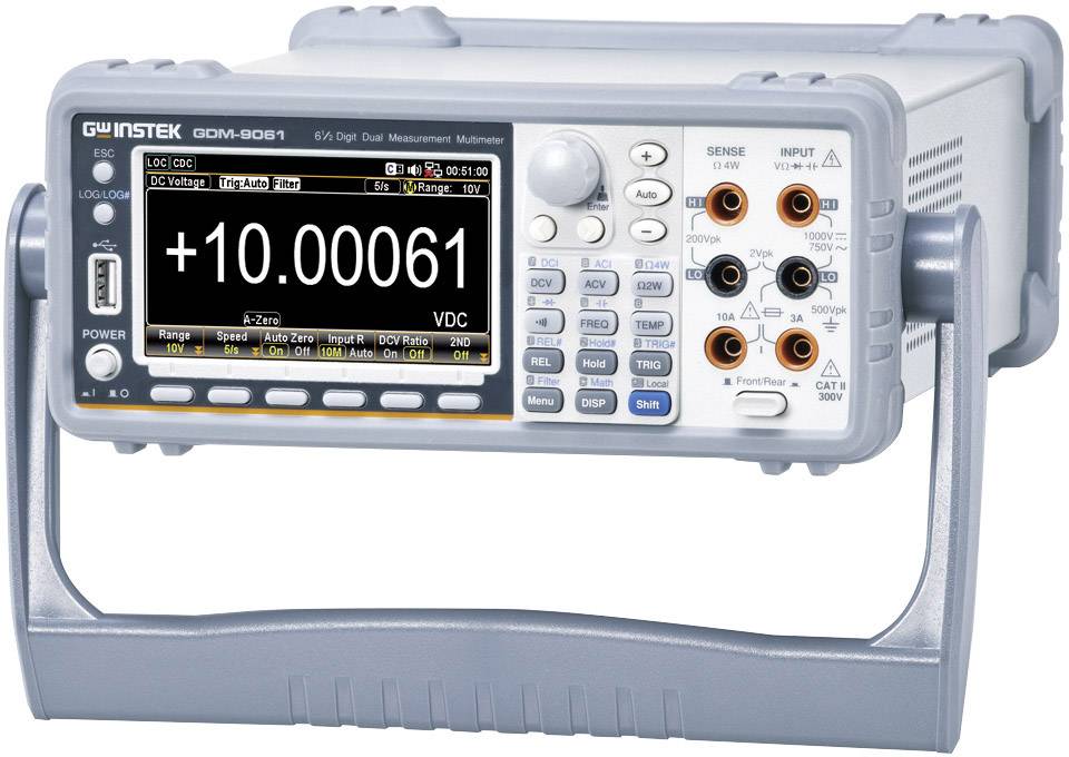 Digitalmultimeter mit Displayanzeige von '+10.00061 VDC', mehreren Tasten und Anschlüssen für elektrische Messungen.