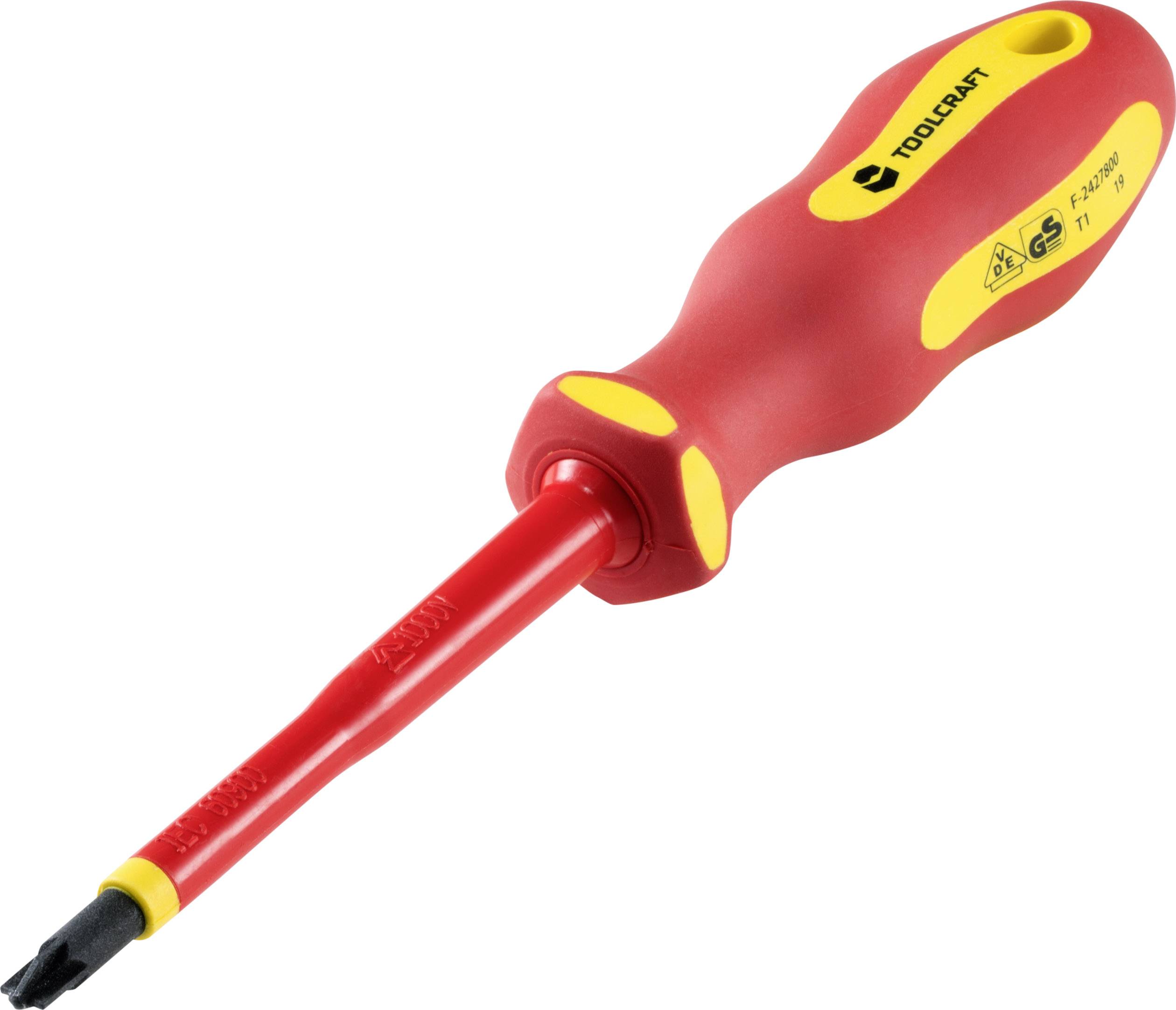Ein roter und gelber Schraubendreher mit isoliertem Griff, geeignet für Arbeiten an elektrischen Geräten.
